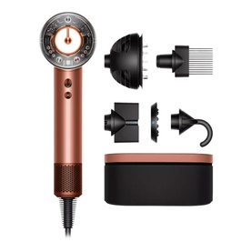 Dyson Supersonic Nural Hair Dryer in Amber Silk with diffuser, styling concentrator, comb and hook attachments, and storage case