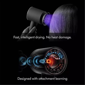 Dyson Supersonic Nural Hair Dryer in black, shown with UV light diffuser attachment and close-up of intelligent heat sensor technology