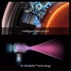 Dyson Supersonic Nural Hair Dryer infographic showing Intelligent Heat Control and Air Multiplier technology features