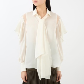 Chiffon Ruffle-Sleeve Neck Tie Blouse