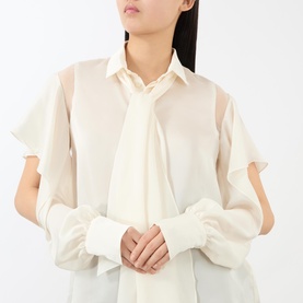 Chiffon Ruffle-Sleeve Neck Tie Blouse