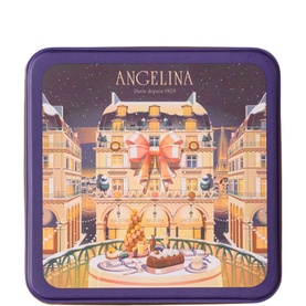 Angelina Christmas Square Box 90g, illustrated purple tin featuring festive Parisian arcade scene with warm golden lighting and ribbon bow