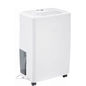 Dimplex 10L Dehumidifier in white with light grey water tank, upright freestanding design with top controls and castors