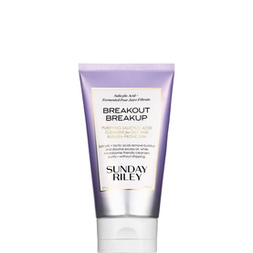 Sunday Riley Breakout Breakup Purifying Salicylic Acid Cleanser in a pale lilac tube with white cap