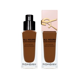 YSL All Hours Glow Foundation in deep brown shade, shown as pump bottle and product box set