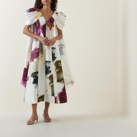 Bisou Puff-Sleeve Abstract Printed Flared Dress