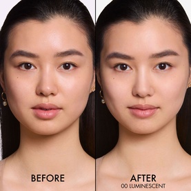 Before and after split showing Dior Forever Nude Radiant Filter Powder in 00 Luminescent on model's skin, enhancing radiance and evenness.