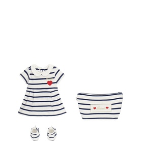 Stripe Heart Dress, Booties & Pouch Three-Piece Set