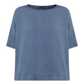 Oska Lightweight Solid T-Shirt in blue linen, round neckline, short sleeves, relaxed boxy fit with straight hemline