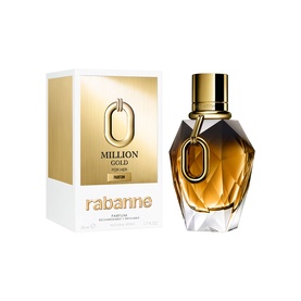 Rabanne Million Gold For Her Parfum 50ml, faceted amber-toned bottle with gold cap, shown alongside gold and white box packaging