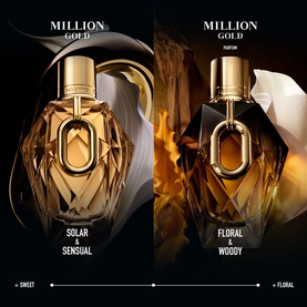 RABANNE Million Gold For Her Parfum 50ml, two faceted gold and black bottles showing Solar & Sensual and Floral & Woody scent variants