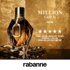 Rabanne Million Gold For Her Parfum 50ml, dark amber bottle with gold cap, styled with chain and five-star review quote on gold background