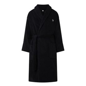 Paul Smith Access Zebra Logo Robe in black, shawl collar, wrap front with tie belt, two patch pockets, soft plush cotton