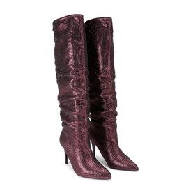 Carvela Amore Crystal Embellished Knee High Boots in deep burgundy, ruched slouchy stiletto heel design with all-over crystal embellishment