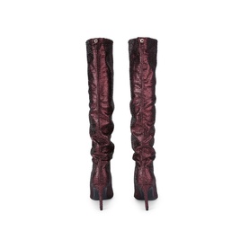 Carvela Amore Crystal Embellished Knee High Boots in burgundy, ruched slouchy fabric upper, stiletto heel, rear view