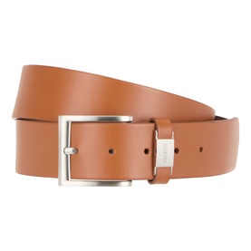 Hugo Boss Connio Leather Belt in mid brown with silver-tone square buckle, engraved logo detail and smooth finish