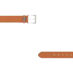 Hugo Boss Connio Leather Belt in mid brown with silver-tone square buckle, engraved logo detail, and smooth leather finish shown flat and close-up