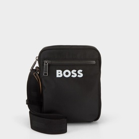 Hugo Boss black polyester crossbody bag with white logo print, zip closure, and adjustable black strap