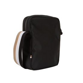 Hugo Boss black polyester crossbody bag with striped beige and white shoulder strap, zip closure, compact rectangular silhouette