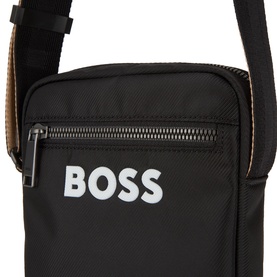 Hugo Boss black polyester crossbody bag with white logo print, zip front pocket and adjustable shoulder strap