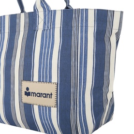 Isabel Marant Yenky Zipped Tote Bag in blue and white cotton stripe with logo badge, top handles, and silver-tone hardware