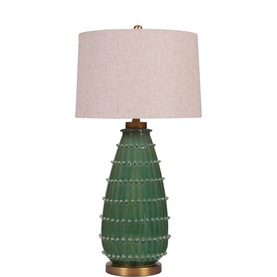 Mindy Browne Maryam Geometric Table Lamp in green ceramic with textured body, brass base detail, and oatmeal linen drum shade