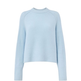 Whistles Aria Knitted Sweater in blue with ribbed texture, raglan sleeves, mock neck, and relaxed cropped fit