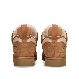 UGG Australia Lowmel Shearling Trainers in beige suede, rear view showing shearling collar, UGG logo tab and gum rubber sole