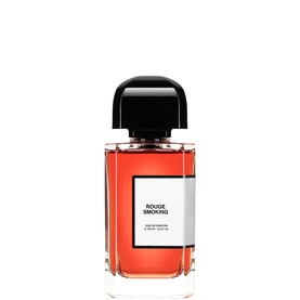 BDK Rouge Smoking Eau de Parfum, clear glass bottle with red juice, black cap, white label, 100ml EDP