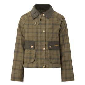 Barbour Beadnell Tartan Cropped Jacket in green tartan with corduroy collar, flap pockets, and gold snap button fastenings