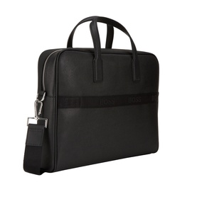 Hugo Boss Zair S Document Briefcase in black faux leather, silver-tone hardware, jacquard logo strap, top handles, and zip-around fastening