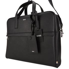Hugo Boss Zair S Document Briefcase in black faux leather with top handles, silver-tone hardware, front zip pocket, and detachable logo tags