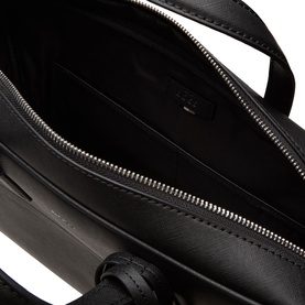 Hugo Boss Zair S Document Briefcase in black faux leather, interior view showing zip-around fastening and main compartment with silver-tone hardware.