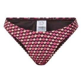 Jets Bikini Brief in rose, featuring a repeat fan print in pink, cream and dark brown tones with a classic low-rise silhouette.