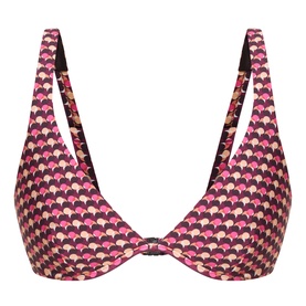 Jets rose geometric fan-print bikini top with V-neckline and wide shoulder straps, pink and black pattern
