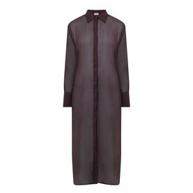 Jets Belted Beach Shirt Dress in chocolate, sheer longline style with collared neckline, long sleeves, and full button fastening