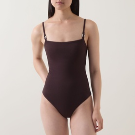 Model wearing Jets Alessia Textured Swimsuit in chocolate, featuring square neckline, adjustable straps with ring details, and cheeky coverage