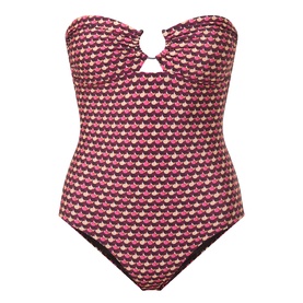 Jets rose geometric print bandeau swimsuit with ring detail neckline and strapless silhouette in pink and burgundy tones