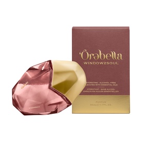 OREBELLA Window2Soul Parfum 50ml, faceted pink gem-shaped bottle with gold cap beside burgundy and gold branded box