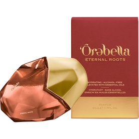 OREBELLA Eternal Roots Parfum 50ml, faceted copper-toned bottle with gold base beside deep red branded box