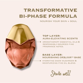 OREBELLA Eternal Roots Parfum 50ml bi-phase formula bottle in bronze-gold tone with shake well instruction and fragrance layer details