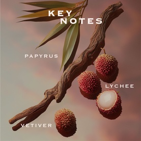 OREBELLA Eternal Roots Parfum 50ml key notes visual featuring papyrus, lychee and vetiver ingredients with botanical styling