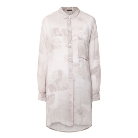Transit Tonal Printed Longline Shirt in Sand, semi-sheer viscose with point collar, chest pocket, front button placket and high-low hem