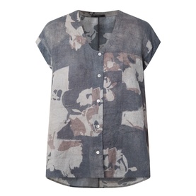 Transit Abstract Print Blouse in Blu Slate, soft V-neckline, short cap sleeves, front button fastening, abstract floral print on linen-viscose blend
