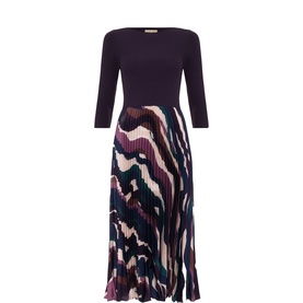 Phase Eight Riley Printed Woven Dress in multi, ribbed-knit bodice with boat neck, three-quarter sleeves, pleated midi skirt with abstract print