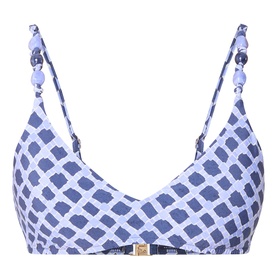 Seafolly Marseille Bralette Bikini Top in Blue Indigo with geometric print, beaded adjustable straps, plunge neckline and gold hardware detail.