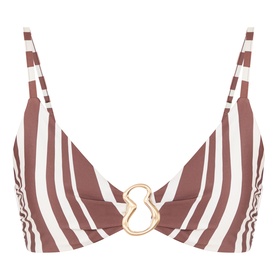 Seafolly Coastline Ring Bralette Bikini Top in cocoa stripe with gold heart-shaped ring detail and adjustable straps