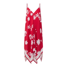 Seafolly Mayflower Scarf Dress in Cosmo Red, white floral print, V-neck, spaghetti straps, handkerchief hem, midi length