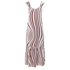Seafolly Striped Tiered Dress in Cocoa, maxi length with knotted straps, V-neckline, tiered skirt and white stripe print
