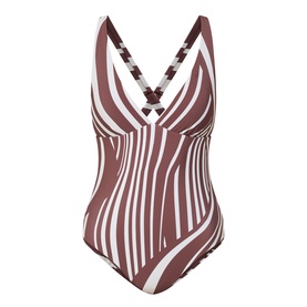 Seafolly cocoa and white stripe one-piece swimsuit with V-neckline, crossback straps, and wrapover bodice detail